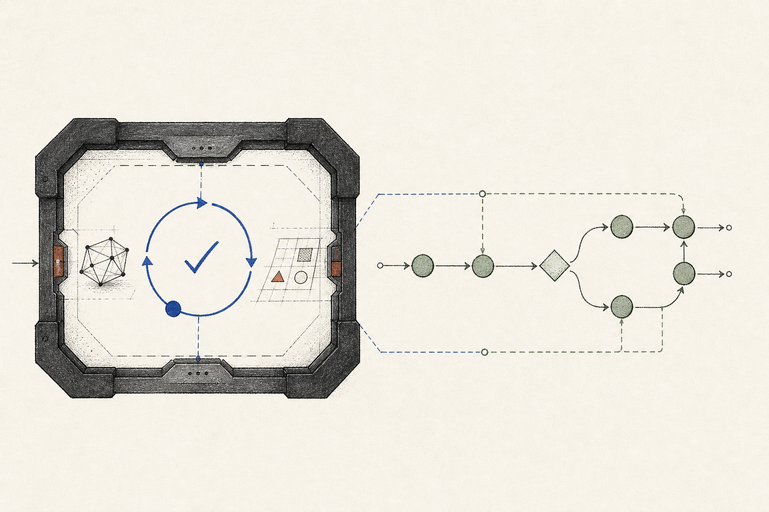 Editorial illustration of an AI-agent workflow with harness, loop, and graph stages.